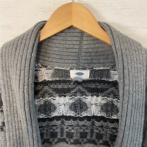 Old Navy Aztec Sweater Cardigan Knit Small Petit Gray White Open Front Grandma - Picture 4 of 9
